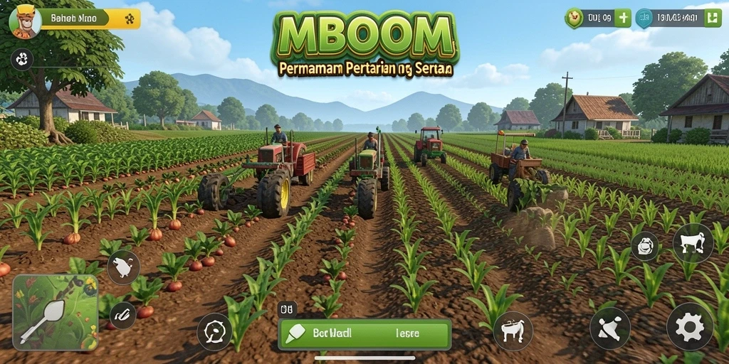 Screenshot MBOOM menunjukkan aktifitas bertani yang seru dan berwarna.
