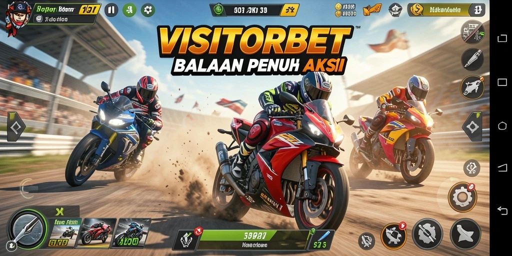 Tampilan gameplay VISITORBET dengan aksi balapan motor yang mendebarkan.